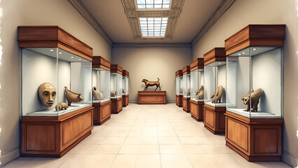 Realistic Watercolor of Historical Museum Tours: Gallery Halls with Ancient Artifacts in Soft Lighting - Perfect for Informative Displays