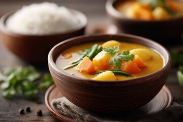 Vibrant vegetable curry served in a traditional bowl with rice for a hearty meal experience