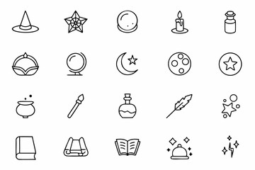 An elegant and magical collection of witchy items in detailed line and color style. Ideal for planners, spell books, magical branding, or Halloween decor