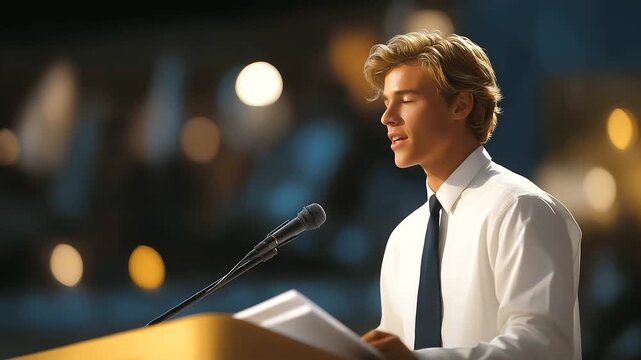 A young man practicing a speech at a pressroom podium