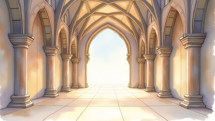 Realistic Watercolor of Medieval Cathedral Nave: Vaulted Ceilings, Ribbed Arches, Soft Lighting & Subtle Gradients - Perfect for Photo Stock Concepts with Left Space