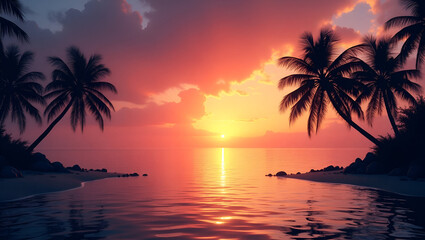 Stunning Tropical Sunset Over Calm Sea: Vibrant Orange and Purple Sky Reflections with Silhouetted Palm Trees - Perfect Photo Stock Concept with Space for Text