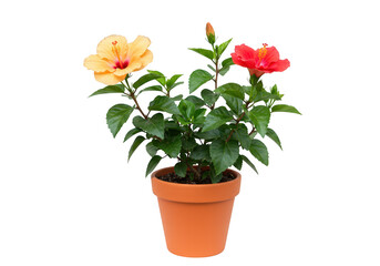 A vibrant potted hibiscus plant with red and yellow flowers stands isolated on a transparent background