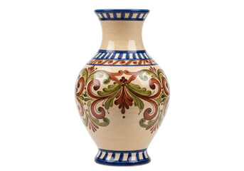 An ornate ceramic vase with intricate blue, red, and green floral patterns is presented isolated on a transparent background
