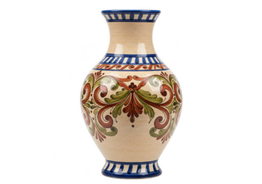 An ornate ceramic vase with intricate blue, red, and green floral patterns is presented isolated on a transparent background