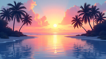 Watercolor depiction of a vibrant tropical beach sunset with pastel sky reflections on calm water edged by silhouetted palms in  Photo Stock  Concept  and empty space on the left side