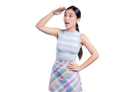A curious young Asian woman looking into the distance with her hand over her eyes, as if searching or discovering something new.on png 
