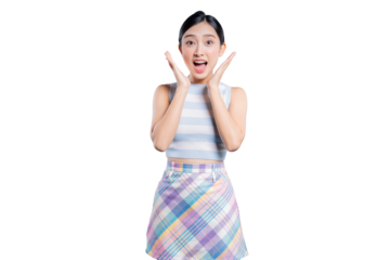 An excited and surprised young Asian woman framing her face with her hands in a 'wow' expression of amazement.
on png 