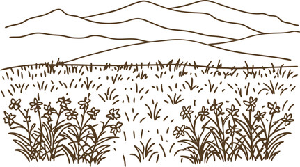 Fototapeta premium Wildflower meadow with mountain landscape outline field grass and blooming flowers, nature scene illustration