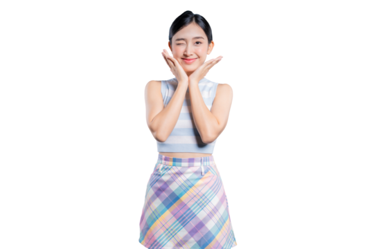 A cute and blissful young Asian woman touching her cheeks with a happy, contented expression, sometimes with a playful wink.posing on png
- Powered by Adobe