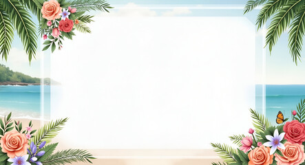 Watercolor style wedding checklist illustration on tropical table with floral decor and beach view in  Photo Stock  Concept  and empty space on the left side