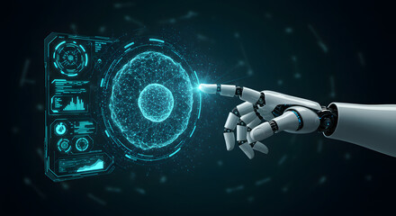 Futuristic Technology & Data Management: AI Hand Engaging with Holographic Display