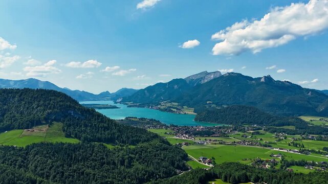 Drone hyperlapse of Strobl, Lake Wolfgangsee, and the Alps