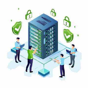Technicians maintain a secure server rack, ensuring data protection and network stability.