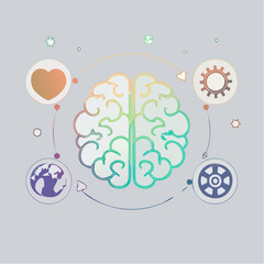 Obraz premium Conceptual illustration of a brain with interconnected elements representing thought processes, emotions, and global awareness.