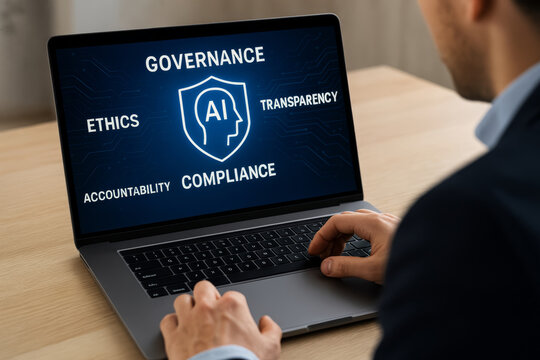 Man using laptop with artificial intelligence governance interface showing ethics and compliance. Concept of AI governance, digital accountability and transparency in AI governance systems