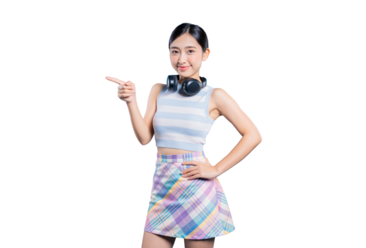 A happy and confident young Asian woman with headphones, pointing to the side to show or recommend something.on png 
