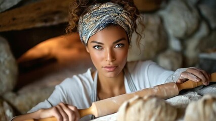 Baker kneading dough in a cozy kitchen setting with stone oven