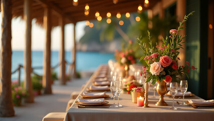 Destination wedding decor ideas elegant table settings exotic locale; high resolution photography highlighting floral centerpieces thematic accents; realistic style in  Photo Stock  Concept  and empty