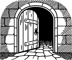 Fototapeta premium Medieval stone arch doorway with open wooden gate vintage castle entrance, old architecture illustration
