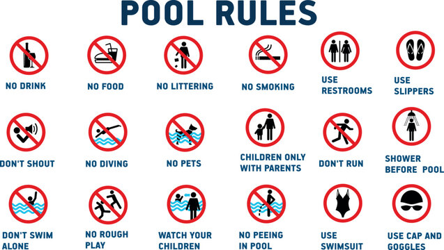 Vector Flat Icon Set of Swimming Pool Rules and Safety Sign Symbols for Public Pools and Aquatic Centers