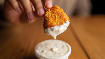 Close-Up of a Hand Dipping a Crispy Fried Chicken Nugget into a Creamy Tartar Sauce