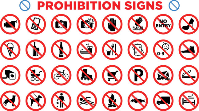 Flat Vector Icon Set of Common Prohibited and Forbidden Symbols, No Entry, No Smoking, No Parking, and Warning Signs