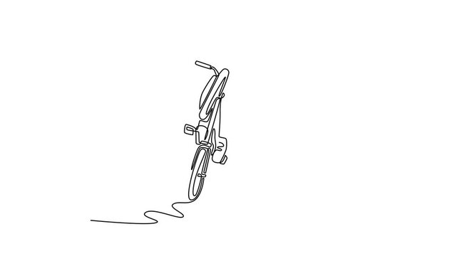 Self drawing animation single line draw skilled BMX freestyler athlete jumping over quarter ramp and doing aerial trick no hand in street wooden half pipe ramp. Continuous line. Full length animated