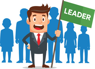 Cartoon business leader holding green flag, team silhouettes behind, corporate success, leadership concept, motivational teamwork, vector illustration, business strategy