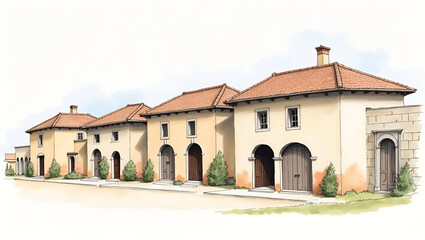 Fototapeta premium Realistic Watercolor Photography of Restored Heritage Facades: Historic Preservation Art with Subtle Brushwork and Muted Palette