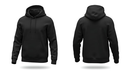Front and back view of a black hooded sweatshirt with a front pocket isolated on white