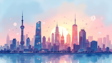 Obraz premium Futuristic World Economy Skyline: Watercolor Illustration of Digital Currency Symbols & Trade Routes in Soft Pastel Lighting - Conceptual Photo Stock with Empty Space