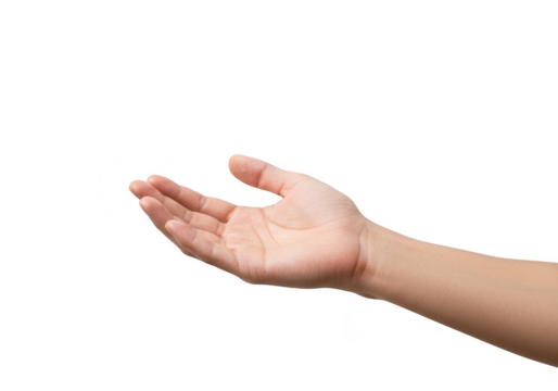 An open human hand with palm facing upwards, isolated on a transparent background