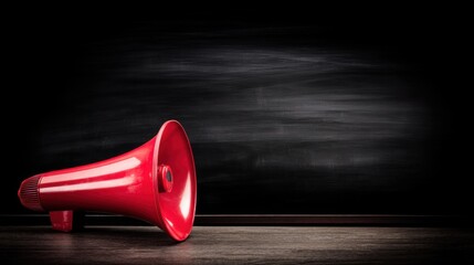 Bright red glossy megaphone on a wooden surface with a flared mouth, set against a dark textured blackboard, creating a striking contrast and simple composition.