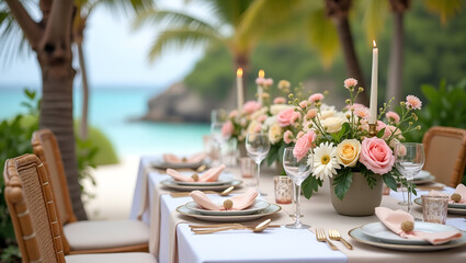 Destination Wedding Styling Tips: Elegant Tablescapes with Pastel Floral Centerpieces and Polished Tableware in a Tropical Setting - Perfect for Your Dream Wedding Photo Stock