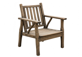 A rustic wooden armchair for outdoor seating, isolated on a transparent background