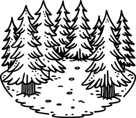 Dense evergreen pine trees, forest glade hand drawn coniferous woodland, lush nature illustration