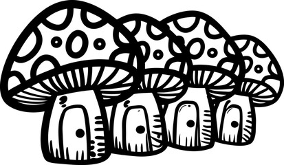Fototapeta premium Group of mushrooms black and white line drawing, whimsical fungi illustration, nature doodle art