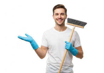 A smiling man in blue gloves holding a broom, presenting a clean service, isolated on transparent background