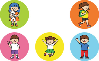 Cartoon children characters, colorful outfits, playful activities, educational theme, happy kids, diverse poses, vector illustration, isolated, fun design, learning concept