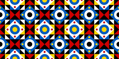 Fototapeta premium Bold seamless geometric quilt blocks pattern, triangles and diamonds shapes. Perfect for textiles, abstract backgrounds, fabric textile designs, and creative digital projects. Vector illustration.