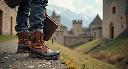 Adventure Blogger Packing Sturdy Boots, Guidebook & Compass Near Medieval Ruins - Practical Historic Exploration Tips for Journey - Realistic Style, Empty Space Left