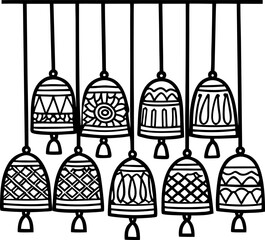 Decorative hanging bells with intricate geometric patterns hand drawn outline isolated for coloring or design