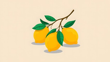 Three vibrant lemons on a branch with green leaves, isolated on clean background.