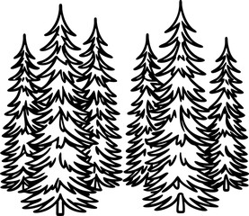 Obraz premium Dense evergreen pine forest illustration stylized hand drawn conifer trees, natural woodland wilderness backdrop