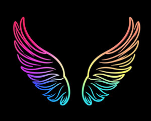 Obraz premium Bold neon sign depicting angel wings in glowing blue and red lights against a dark background. Flat, powerful design with a minimalistic and modern aesthetic, strong visual impact.