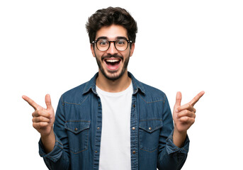 A happy young man with glasses and a beard points excitedly in two directions, isolated on a transparent background