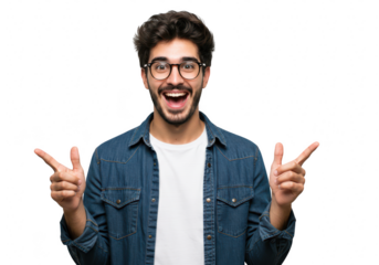 A happy young man with glasses and a beard points excitedly in two directions, isolated on a transparent background