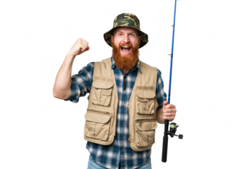 A joyful fisherman with a red beard and camouflage hat celebrates his catch with a raised fist and fishing rod, isolated on white isolated on transparent background