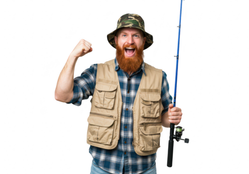 A joyful fisherman with a red beard and camouflage hat celebrates his catch with a raised fist and fishing rod, isolated on white isolated on transparent background